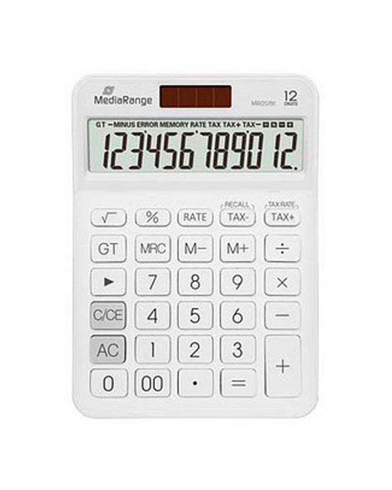 MediaRange Calculator with tax function, 12-digit LCD, solar and battery powered, white (MROS191)